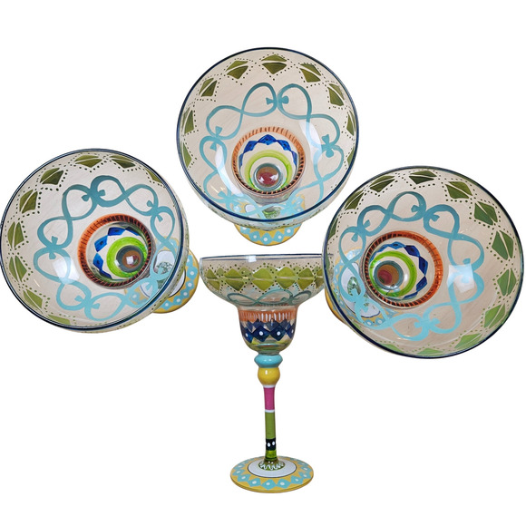 4 pcs  Pier 1 Margarita Glasses Mouth Blown Hand Painted Party Cocktail Stemware - Picture 1 of 8